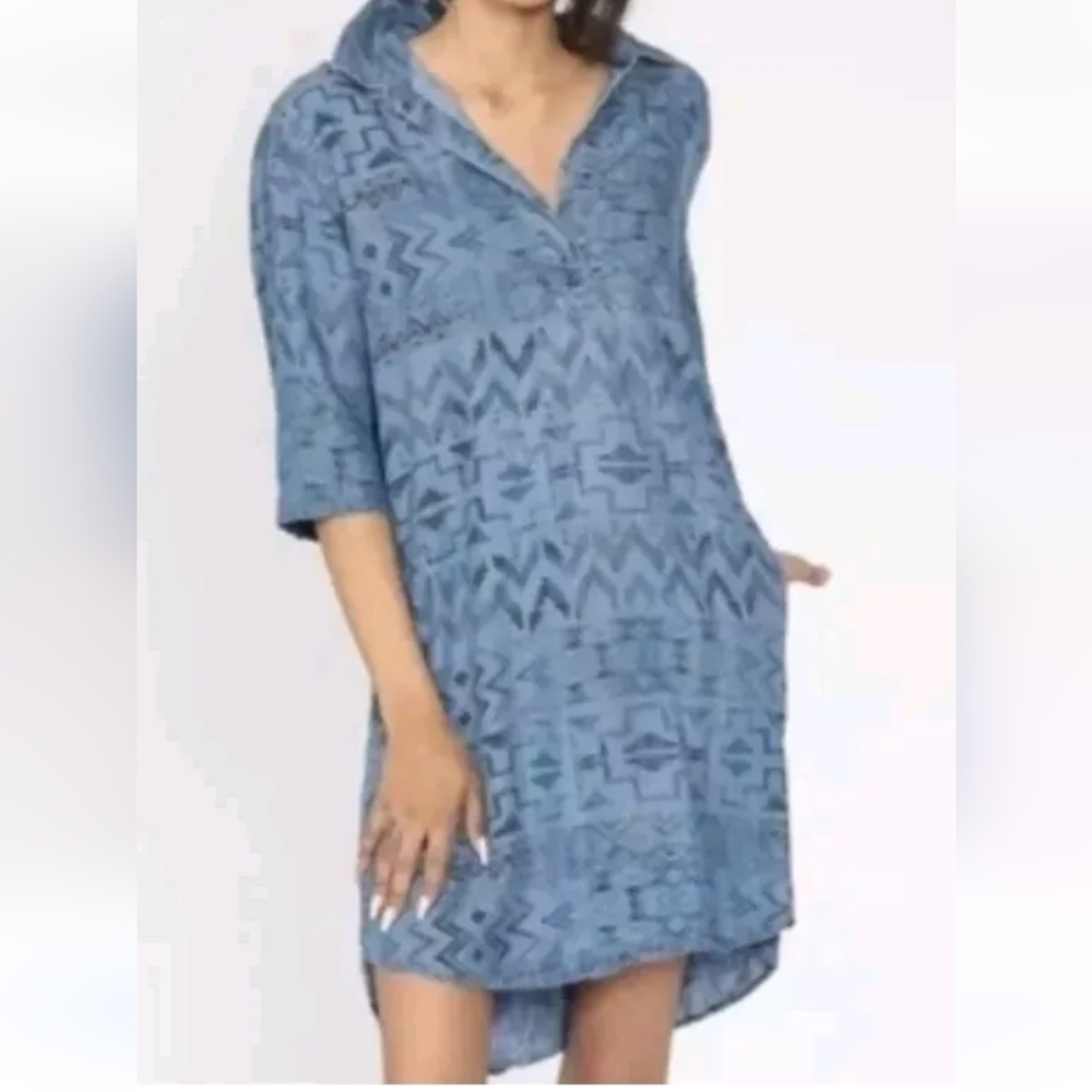 Philosophy Chambray Shirt Dress XL Blue Tribal Aztec Southwestern Western Mini